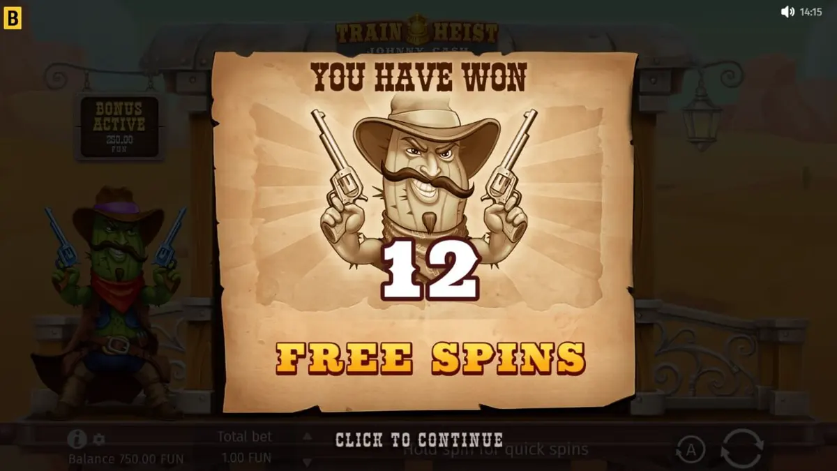 Train Heist Johnny Cash slot game interface showing western theme